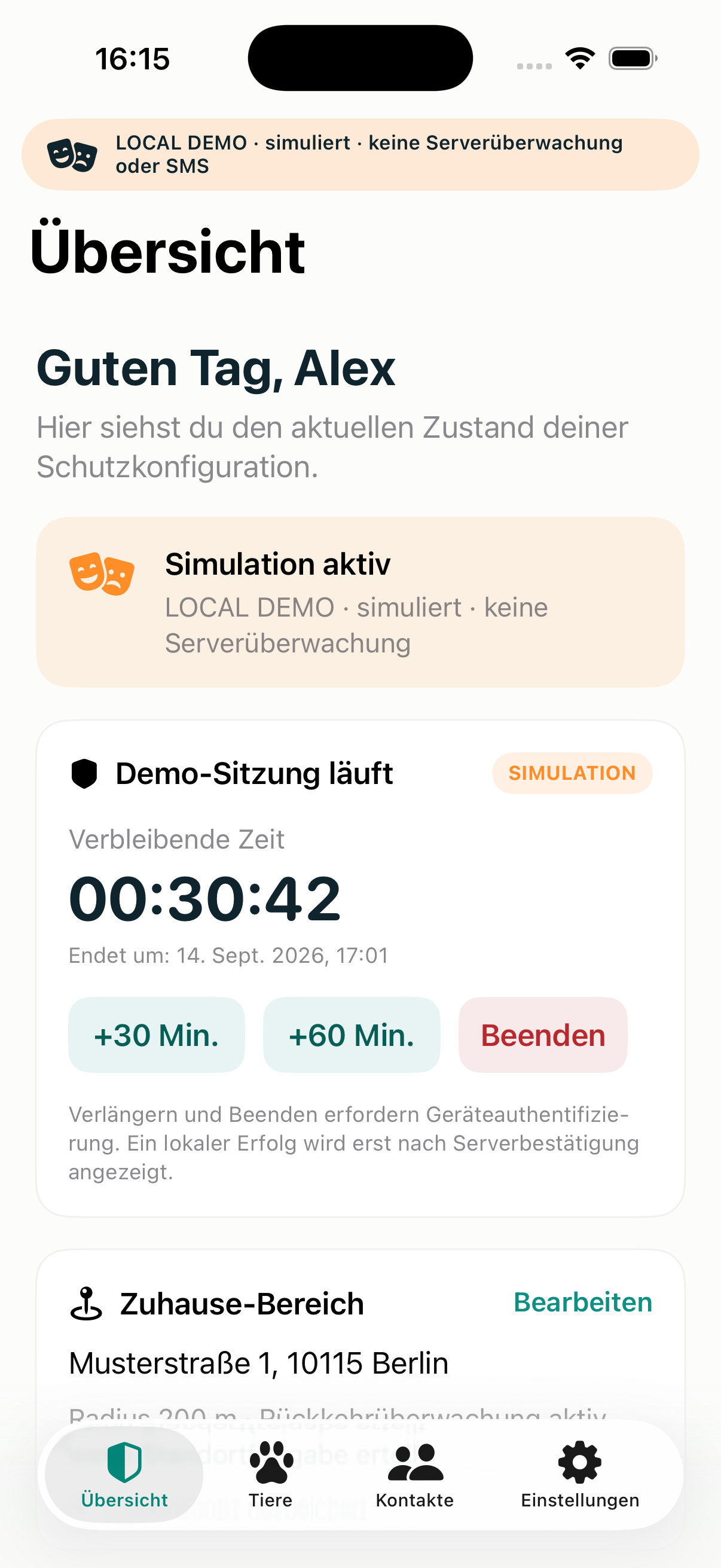 Aktueller iOS-Build von PawSafe mit aktiver Schutzzeit und Rückkehr-Übersicht.