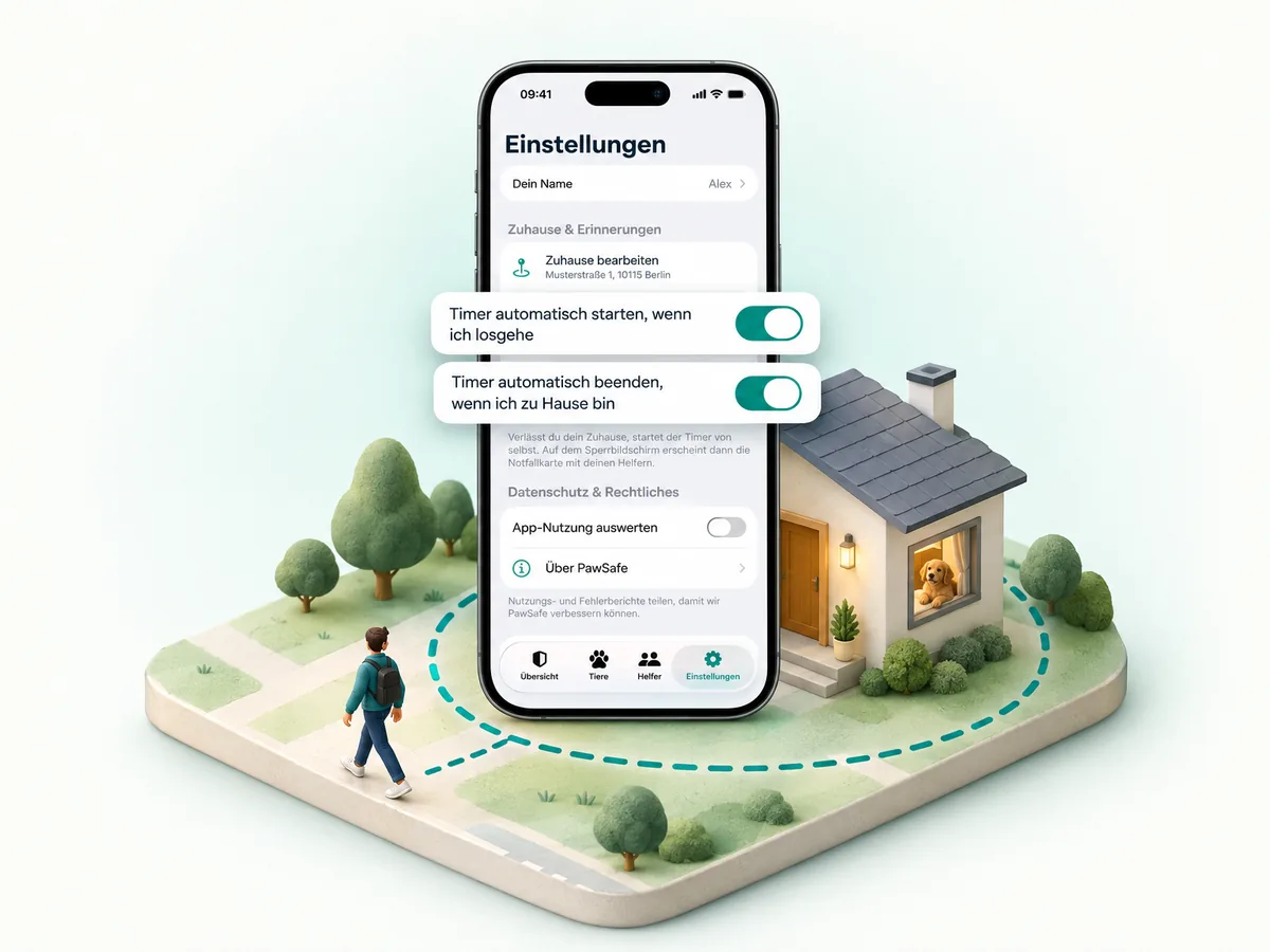 Einstellungen für den automatischen Start und das automatische Ende des Timers, dahinter ein Haus mit Umkreis.