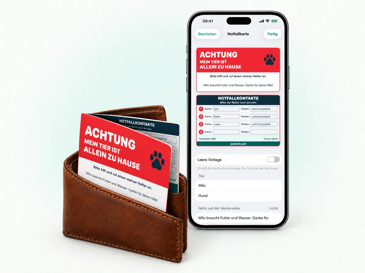 Die Notfallkarte aus PawSafe steckt in einer Geldbörse.