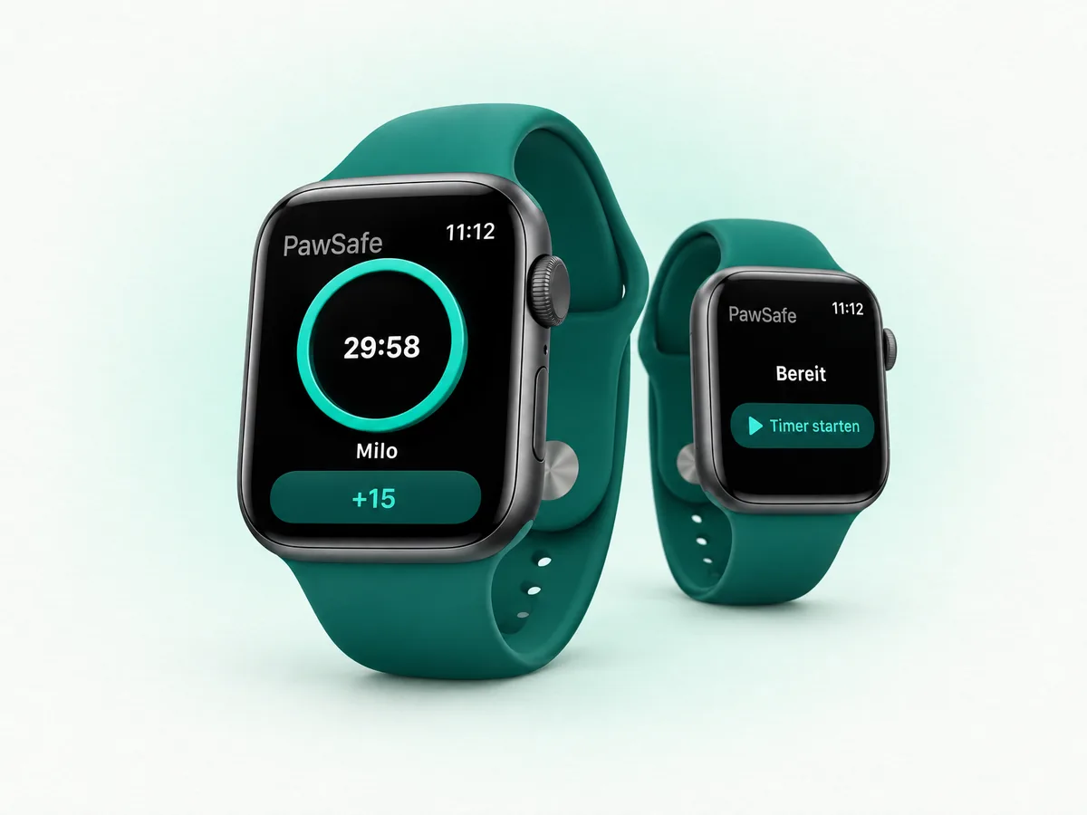 Zwei Apple Watches mit PawSafe: Countdown und Timer starten.