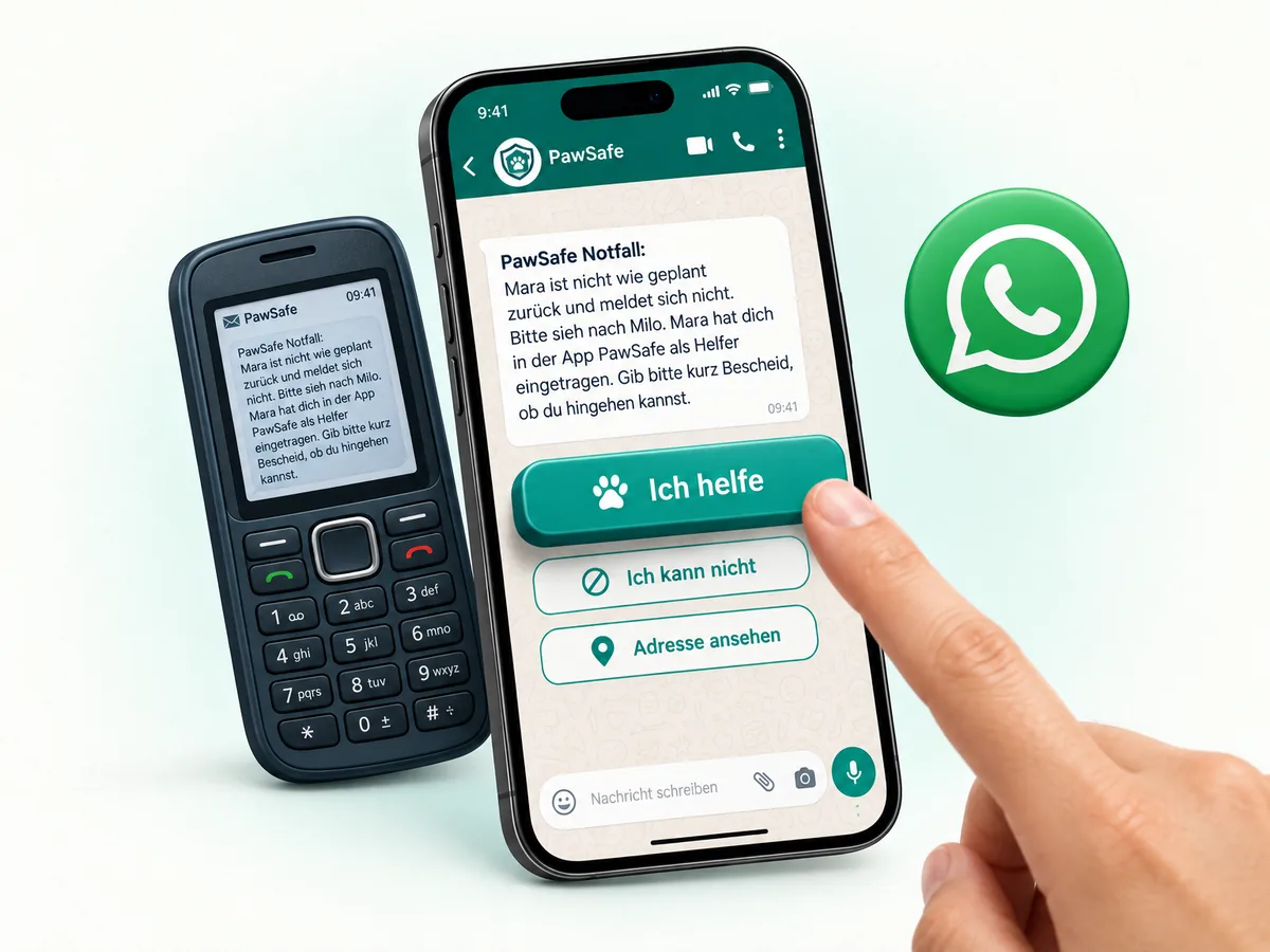 Eine PawSafe-Nachricht mit den Knöpfen „Ich helfe“ und „Ich kann nicht“, daneben eine SMS auf einem einfachen Handy.