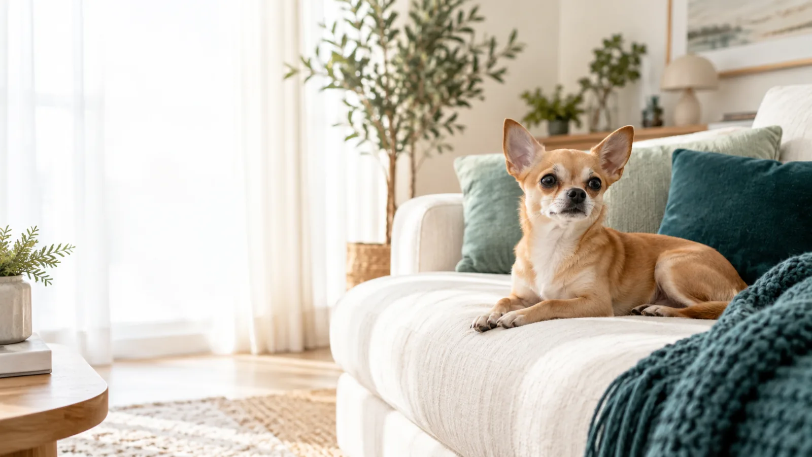 Ein kleiner brauner Hund liegt auf einem Sofa.