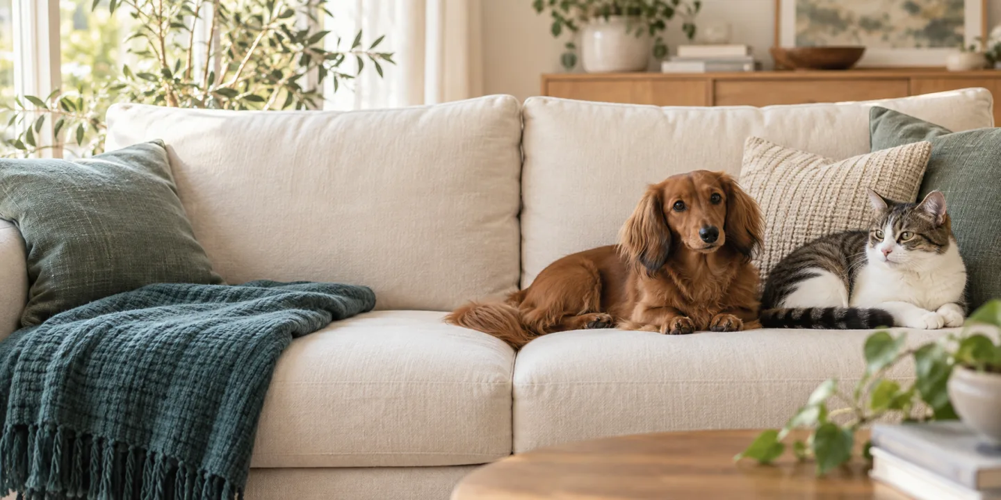 Ein Hund und eine Katze ruhen nebeneinander auf einem Sofa.