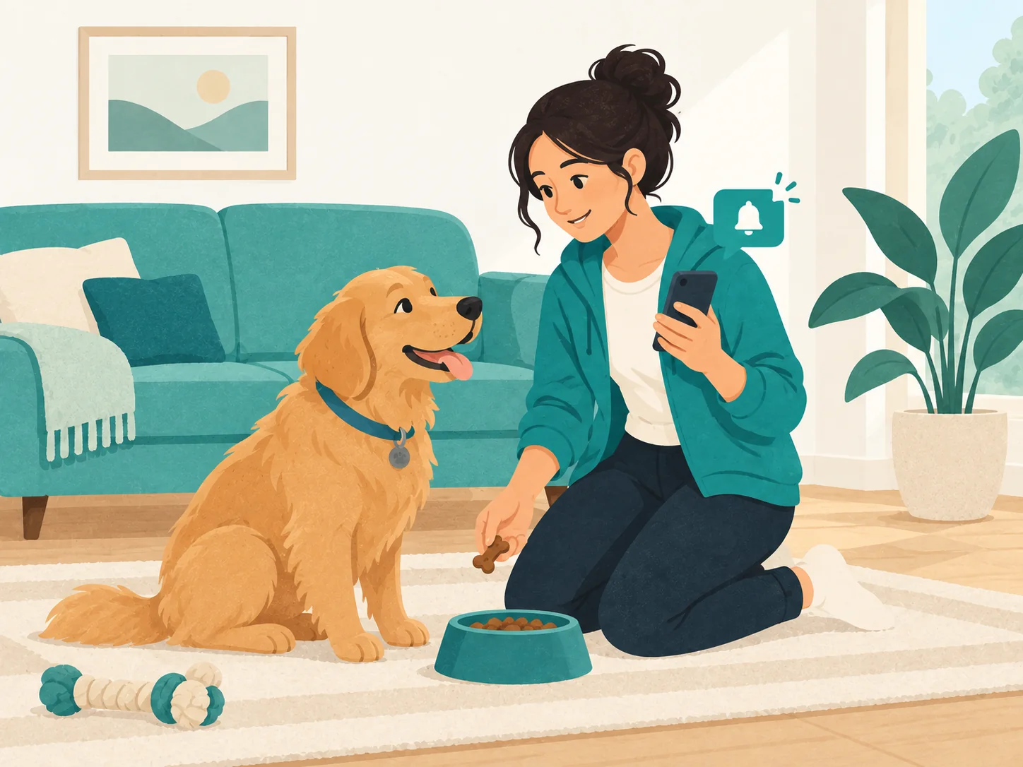Eine Helferin sitzt neben einem Hund und schaut auf eine Benachrichtigung am Smartphone.
