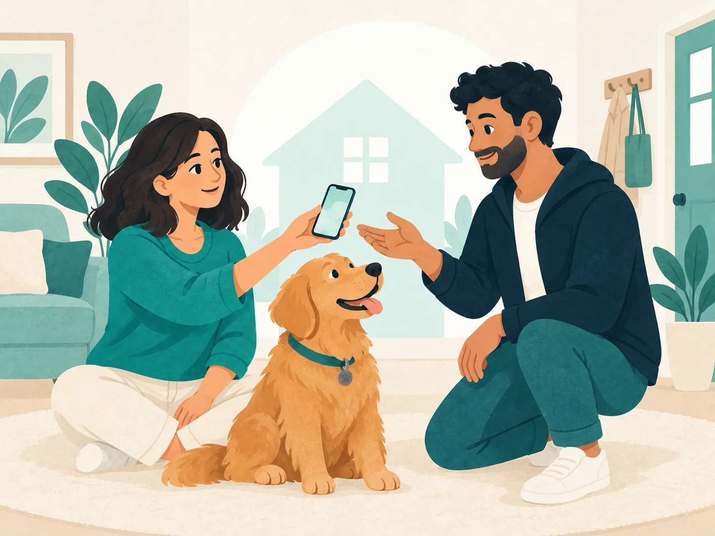 Eine Frau teilt mit einem Mann am Smartphone eine Einladung; ein Hund sitzt zwischen ihnen.