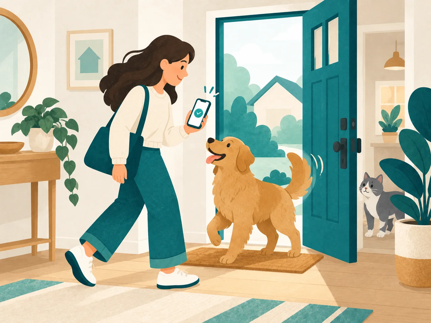 Eine Person mit Smartphone wird an der Haustür von Hund und Katze begrüßt.