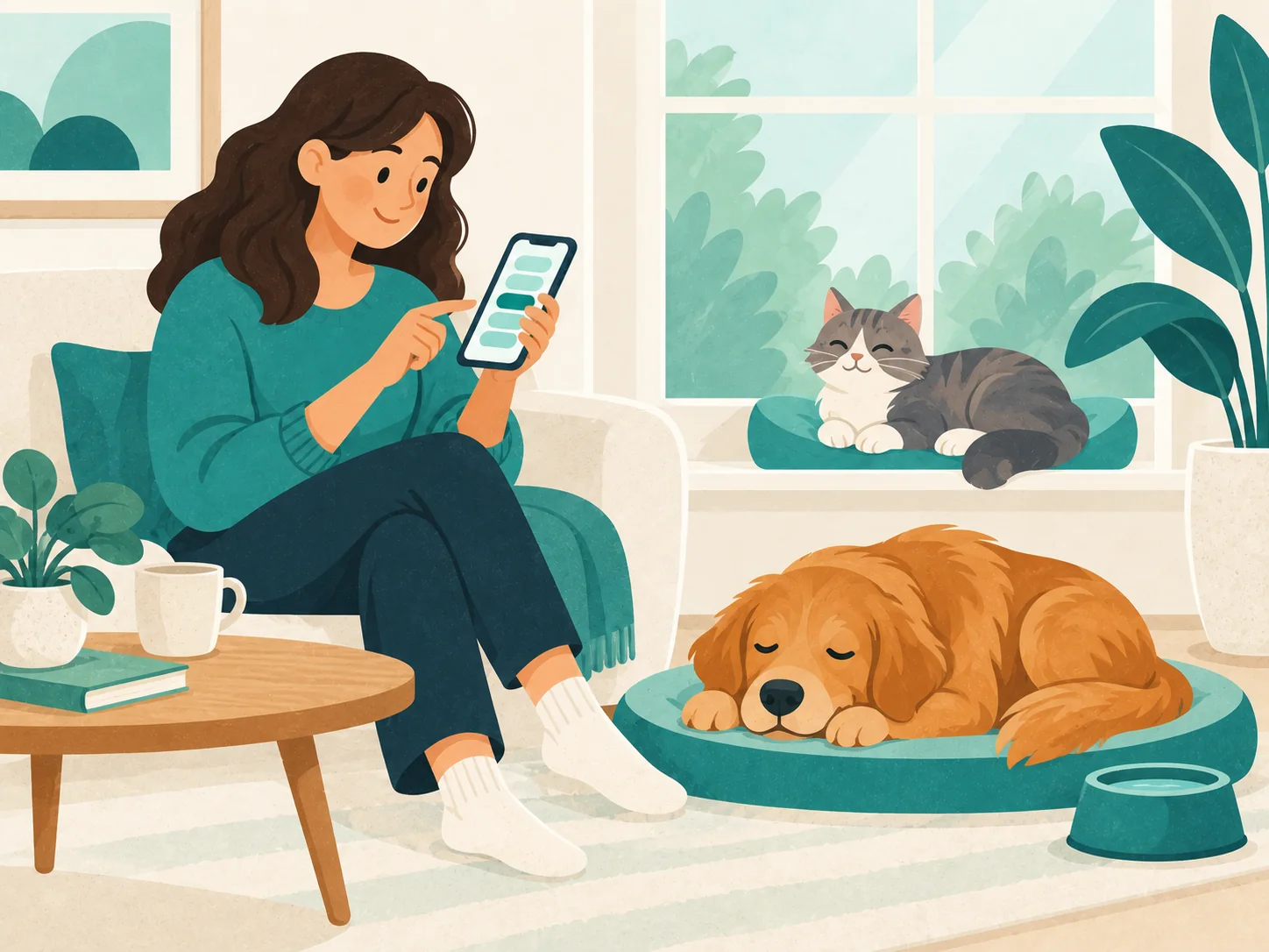 Eine Person schaut auf ihr Smartphone, während Hund und Katze zu Hause ruhen.