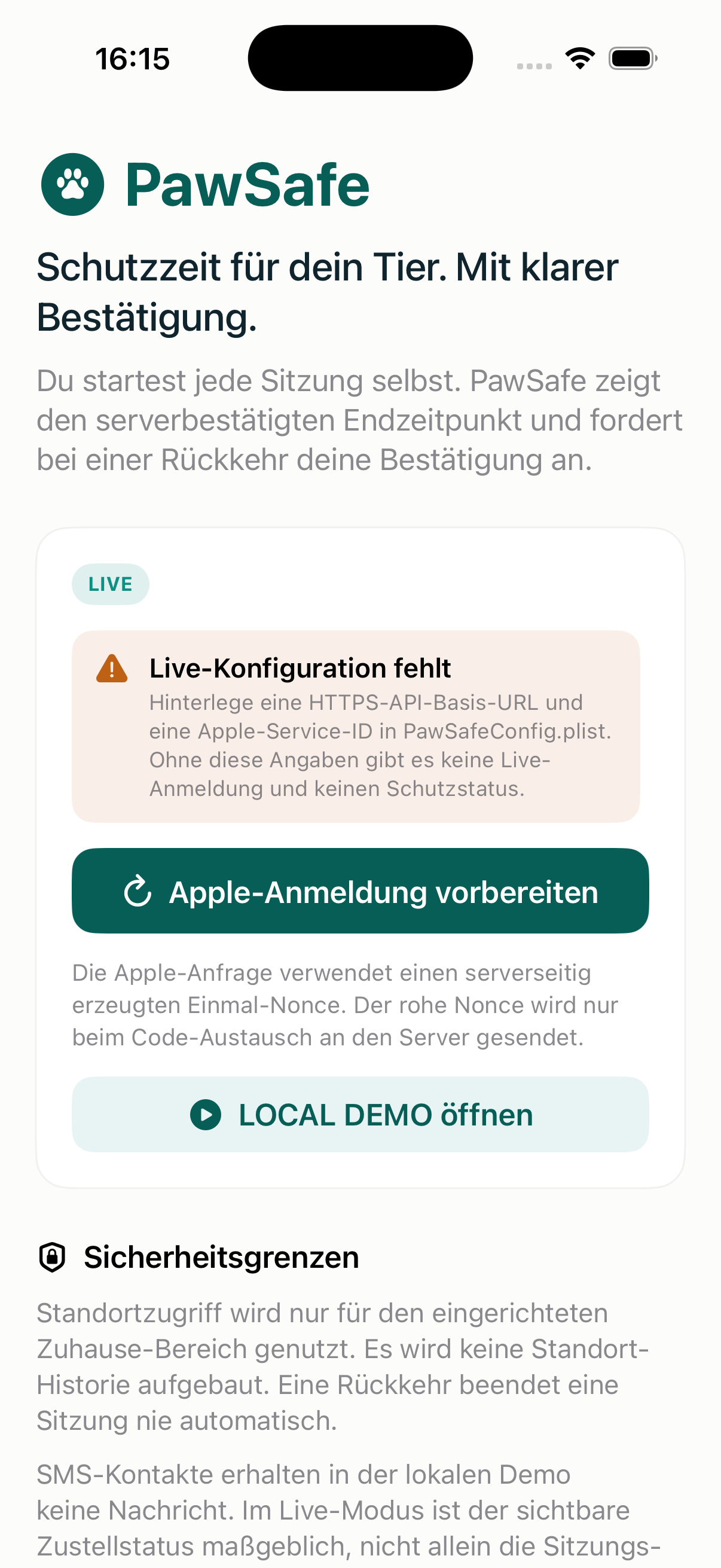 PawSafe iOS-Build mit Schutzzeit-Erklärung und Sicherheitsgrenzen.