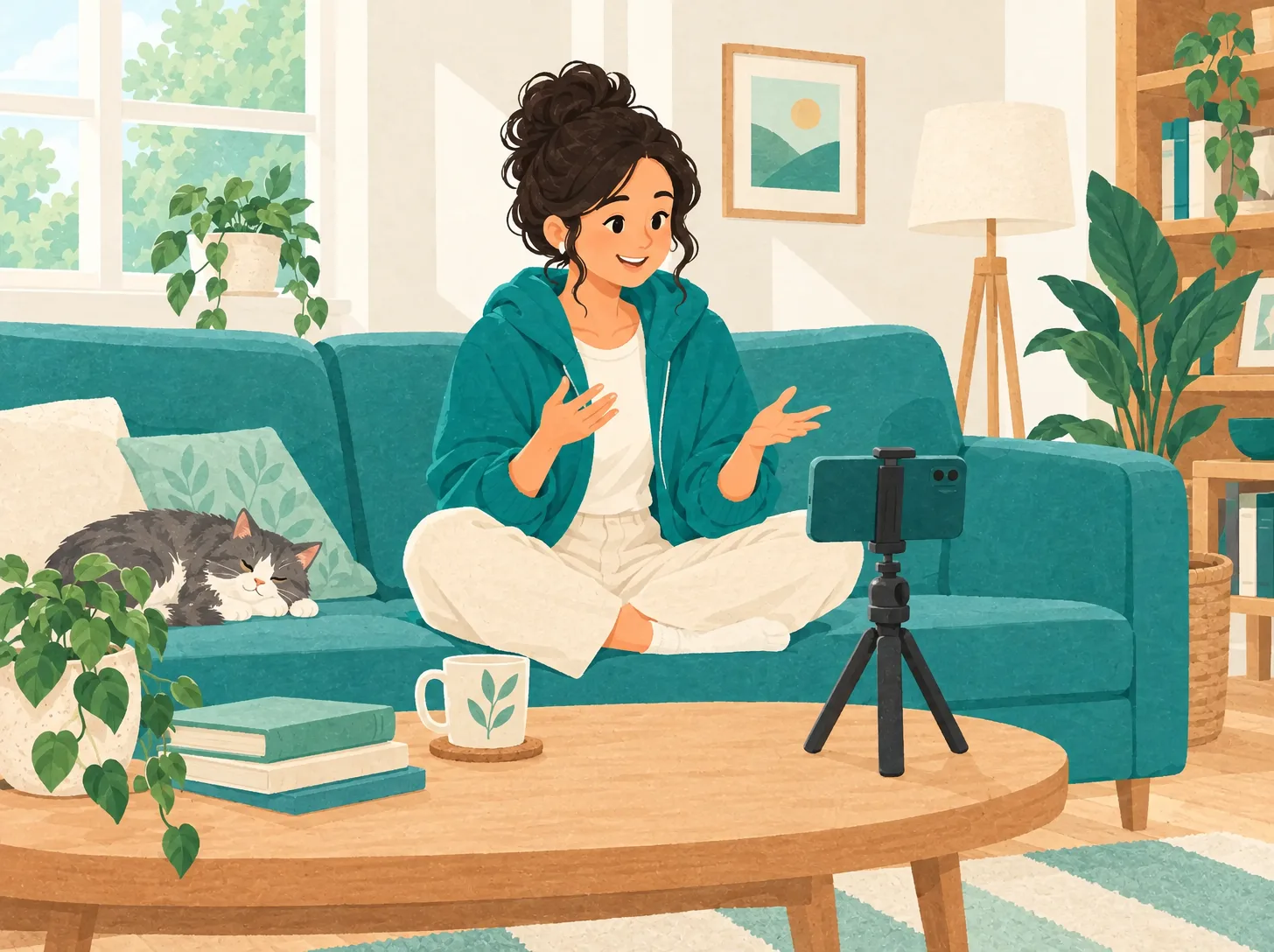 Eine Creatorin sitzt auf dem Sofa und spricht in ihr Handy auf einem kleinen Stativ, neben ihr schläft eine Katze.