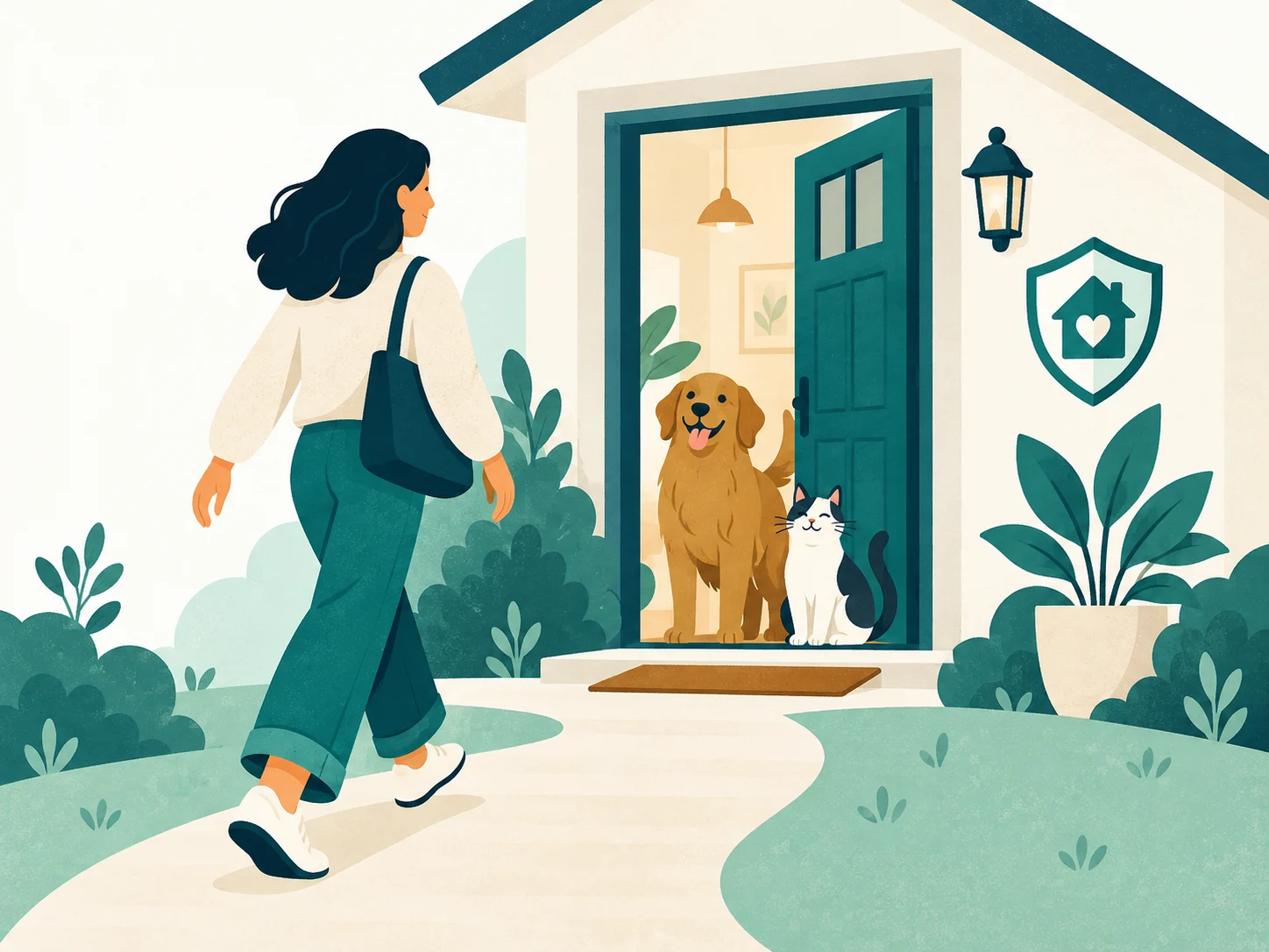 Illustration: Eine Person kommt nach Hause. Ihr Hund wartet an der Haustür.